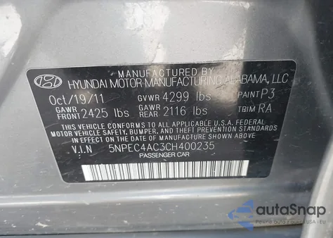 2012 Hyundai Sonata Se from USA, damaged, VIN 5NPEC4AC3CH400235